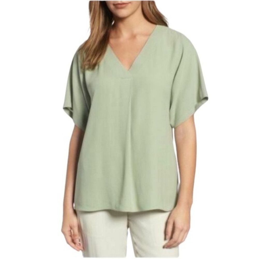 Eileen Fisher silk georgette crepe flowy short sleeve blouse XS